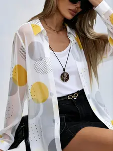 2026 Women's All Over Print Asymmetric Hem Roll Up Sleeve Shirt without Tee & Necklace, Casual High Low Long Sleeve Button Front Top for Summer, Ladies Clothes for Daily Wear, Blouses Shirts Tops