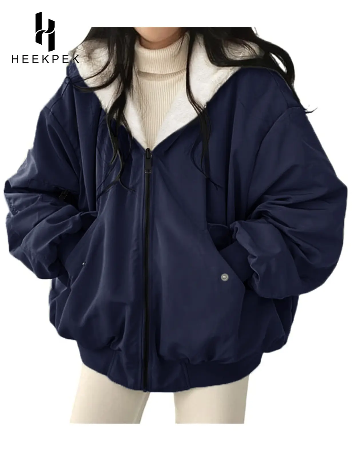 【Off-Season Clearance】HEEKPEK Women's Reversible Coat Warm Winter Hooded Fleece Lined Jacket Zip Up Outerwear with Pockets