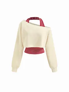 Cider Two Piece Terry Asymmetrical Neck Crop Sweatshirt With Striped Tank Top