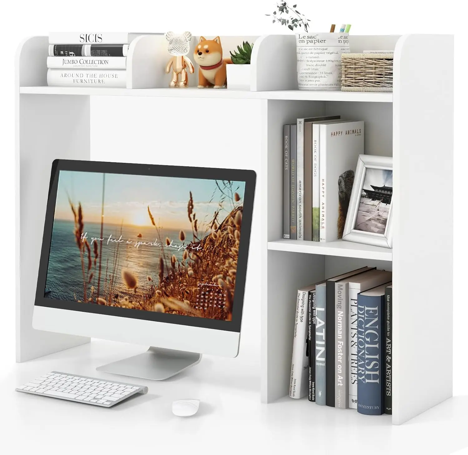 Desktop Bookshelf with 5 Shelves, Wood Desk Organizer Hutch for Computer Desk, 3-Tier Countertop Storage Rack Fits 27" Monitor, Anti-Tip, 100lbs Capacity for Home Office Dorm