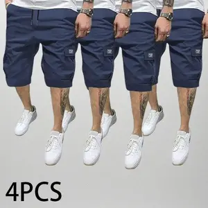 Men's Four-Piece Shorts Set in Khaki Black Blue & Gray with Slanted Pockets for Everyday Casual Wear Versatile Men's Rompers