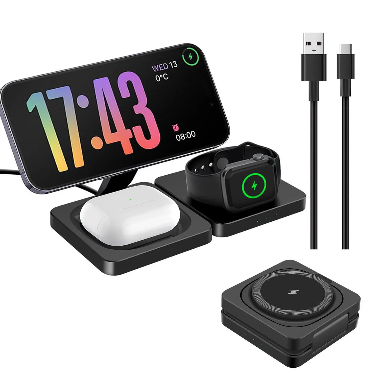 3 in 1 Charging Station for Apple Devices, 15W Foldable Magnetic Wireless Charger Travel Charging Pad for iPhone 16 15 14 13 Pro Max Plus & Apple Watc