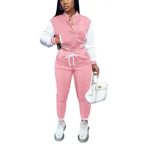 Women’s 2 Piece Varsity Jacket Tracksuit Button Down Crop Top Letterman Bomber Jackets Pants Sets