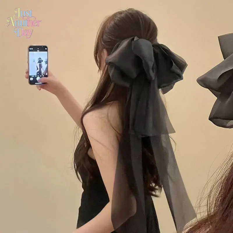 Oversized Black Bow Hair Clip, Elegant Sheer Organza Bow with Long Tails, Spring Clip for Women’s Half-Up Hairstyles, Fairy Style Hair Accessory
