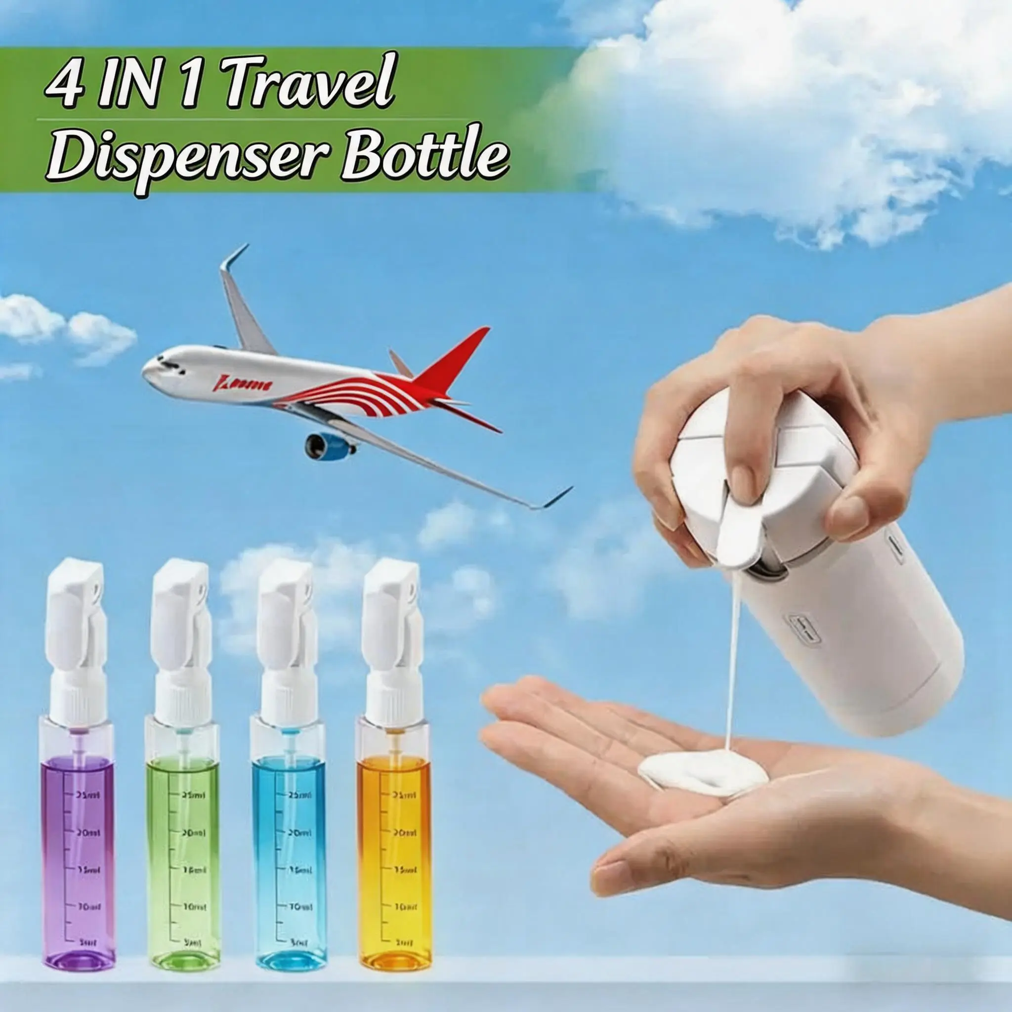 4-in-1 Portable Travel Toiletry Bottles Set, 4Pcs 30ml Clear Scale Refillable Spray Bottles with Leak Proof Storage Organizer, Classification Labels Included, TSA Approved for Cosmetics Shampoo Body Wash