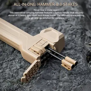All-in-One Camping Hammer with 8 Built-in Tent Stakes - Heavy Duty Tent Peg Mallet Tool
