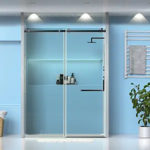Frameless Glass Shower Door 56-60" W × 75" H, Sliding Glass Shower Door with 5/16" (8mm) Clear Sgcc Tempered Glass, Noiseless Frameless Shower Door with Stainless Steel Handle and Seal Strip Black