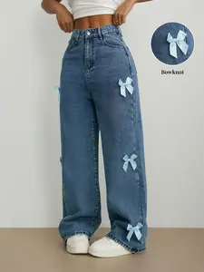 Blue Denim Wide Leg Pants, High Waisted Loose Fit, Y2K Style Bow Tie, Casual Long Pants for Women, All Seasons Wear