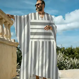 Men's Gray Stripe V-Neck Pullover Flowy Summer Kaftan Long Robe, Monochrome Nautical Line Print Lightweight Beach Cover Up, Breathable Short Sleeve Resort Lounge Sleep Shirt for Men