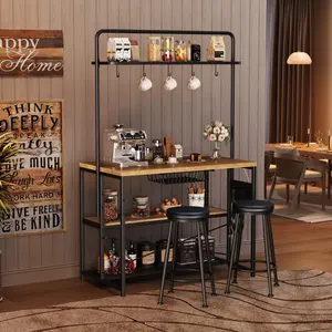 Industrial Kitchen Island Dining Table with Power Outlet – 2 Bar Stools, 3-Tier Bakers Rack, Storage Shelves, 5 Hooks, Microwave Stand – Coffee Bar for Dining Room, Living Room, Apartment