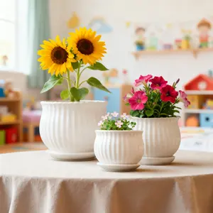 3-Pack Pure White Vertical Ribbed Ceramic Light-Glazed Flower Pots - With Matching Saucer, Multiple Sizes, Perfect For Succulents, Minimalist Indoor Window Sill Decor Planters indoor outdoor planter