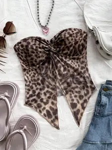 Women's New Casual Vacation Slim Fit Halter Backless Knot Mesh Top, All over Print Leopard Pattern, Slim-Fitting Tank Top