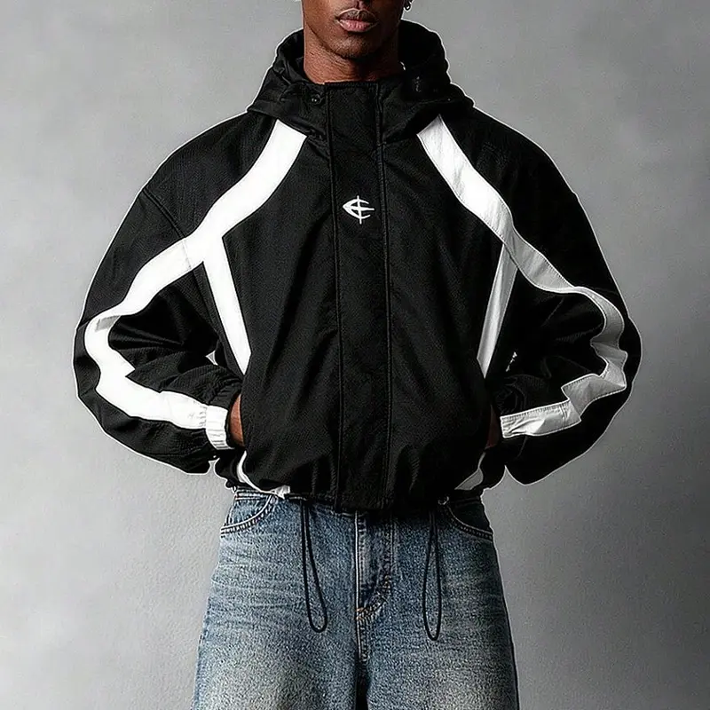 Men’s hooded casual jacket—versatile American retro windbreaker for spring/autumn, featuring a classic sporty color-block design that looks stylish and suits various styles. Hooded design enhances everyday wear practicality with side pockets for storage a