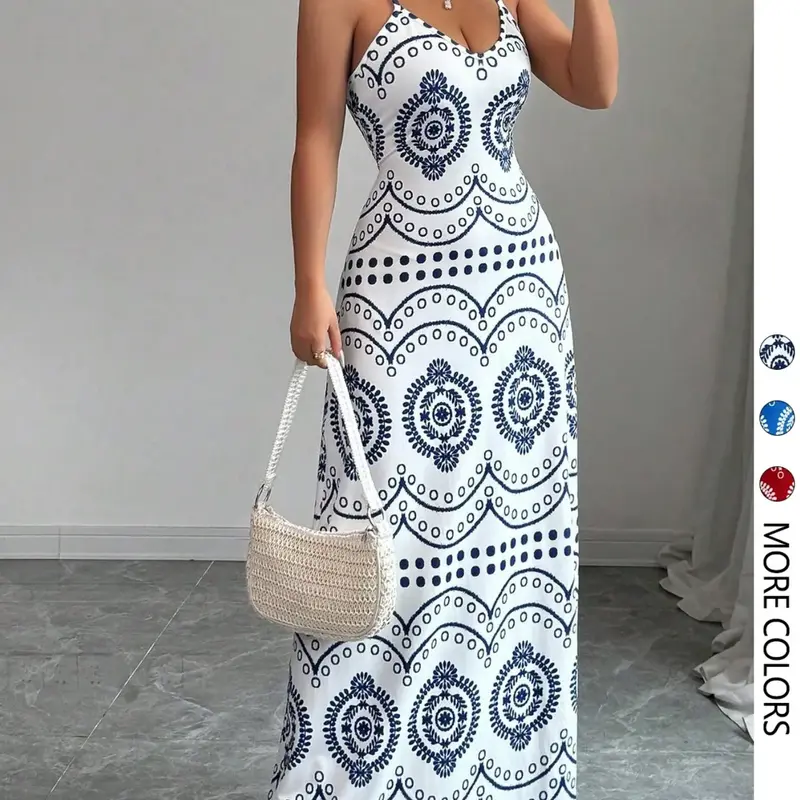 【Black Friday】Women's Elegant Fashion Spaghetti Strap Ethnic Print V-Neck Dress, Stylish Summer Feminine Wear, Perfect for Parties & Daily Wear, Boho Style Dresses