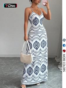 Women's Elegant Feminine Fashion Print Halter V-Neck Dress, Stylish Summer Casual Wear, Perfect for Parties and Daily