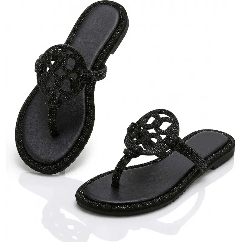 Women's Sparkling Crystal Flat Flip-Flop Sandals - Dressy Rhinestone Cutout Beachwear Shoes for Summer (Sandals Women, Flat Wedge Compatible), Thong Toe, Blinged-Out Women's Flip Flops