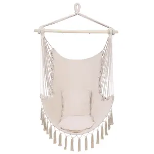 Beige Tassel Hammock Swing Chair - Hanging Off-the-Ground Outdoor Accessory for Camper Tents, Trailers, Tarps Essentials, Hanging Hammock Hammocks