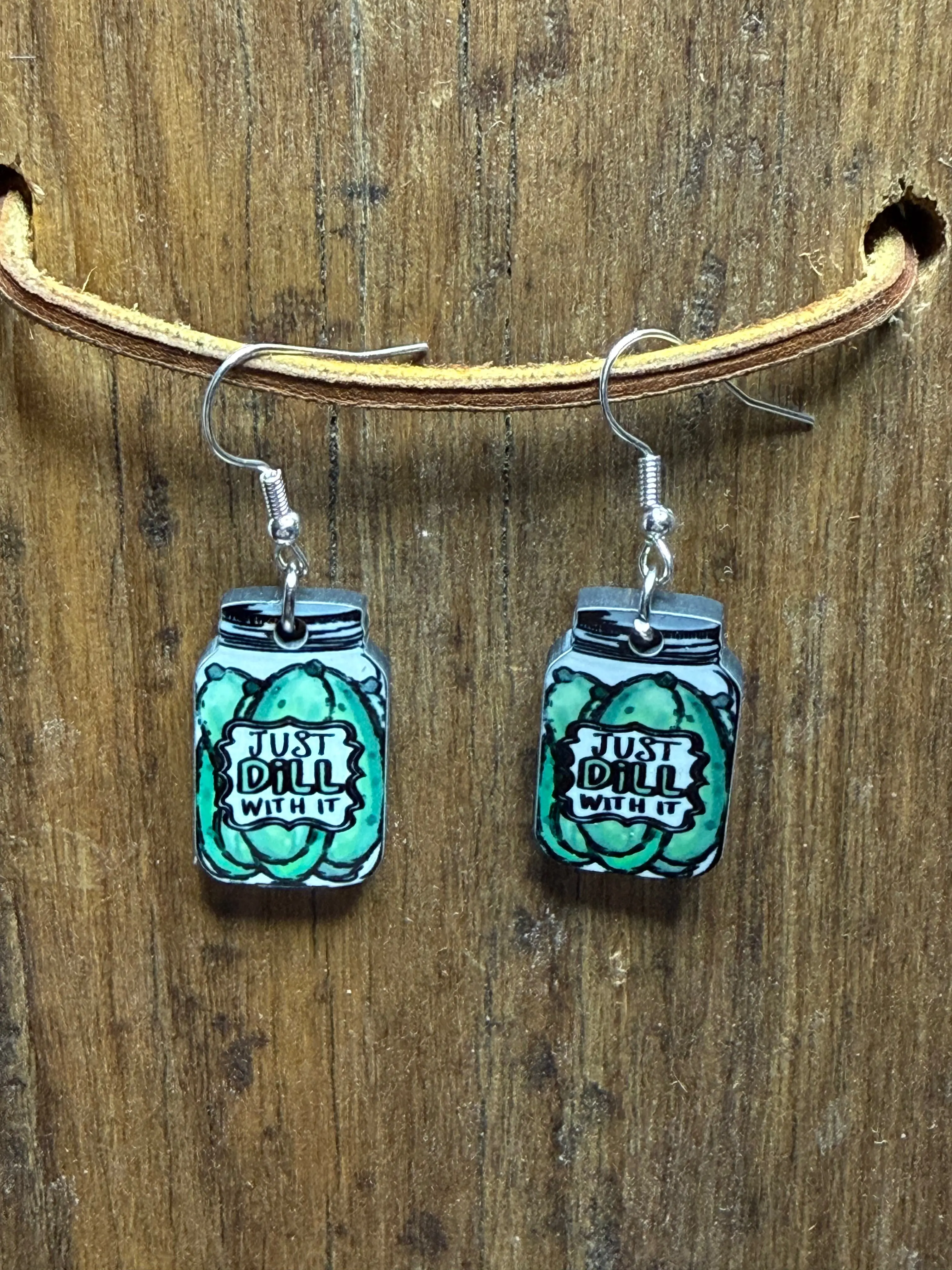 Just Dill With It Pickle Jar Wood Earrings – Funny Food Earrings – Nickel Free Hooks