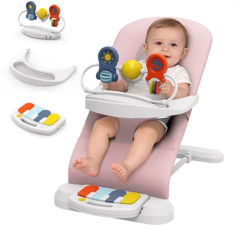 3-in-1 Baby Bouncer Rocker Swing with Music Piano - Swing for Infants to Toddlers, Toys Play Bar, Detachable Tray, 3-Level Height Adjustment, Adjustable Belt, Safe Honeycomb-Textured Breathable Fabric, Square Base, Smart Control