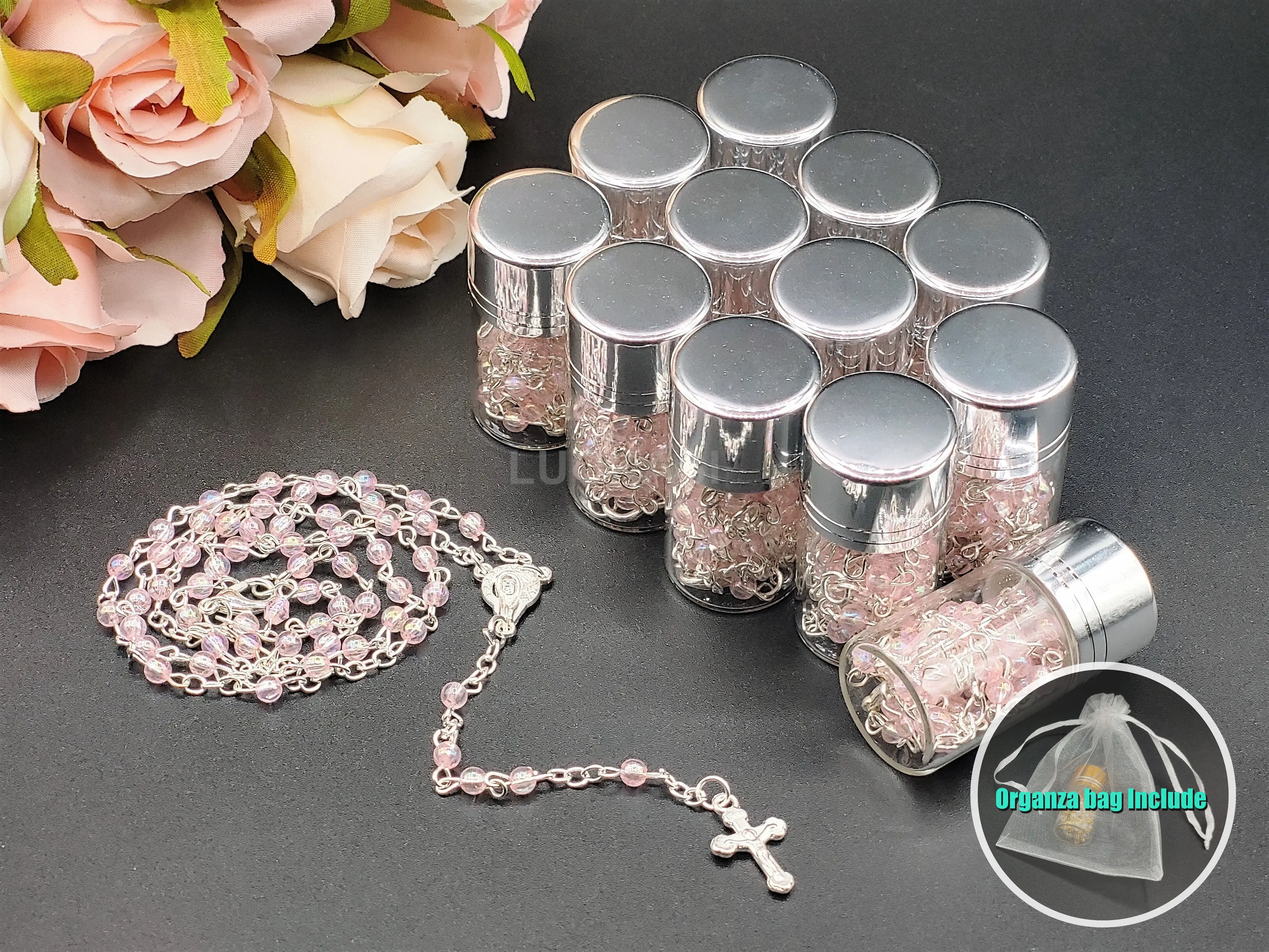 US LUOKASI 4/12pcs Baptism Favors Pink Clear Beads Rosary in Silver Cap Glass Jar Perfect for DIY Baptism Favors Holy Communions Recuerdo De Bautizo Quinceanera Christening Primera Communion Gifts Wedding Baby Shower Souvenirs