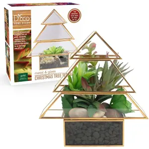 D'Eco Glass Tree 8" Plant Terrarium- Tabletop Gold Trimmed Planter & Centerpiece- Decor for Home & Office, Decorations for Shelf-Gift for Plant Lovers