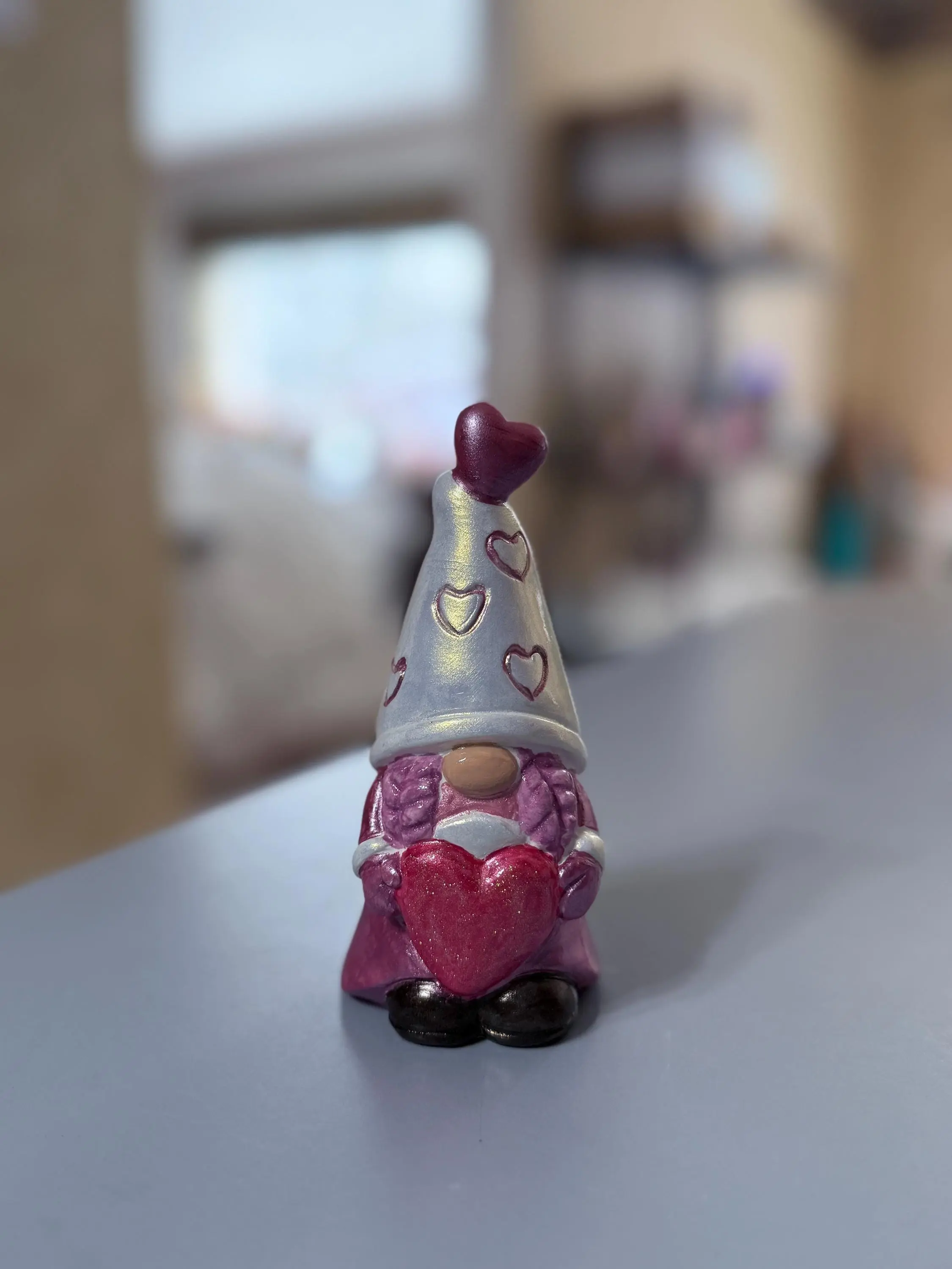 Hand Painted Ceramic Valentine Gnome Figurine, Metallic Iridescent Glitter, One of a Kind Boho Decor, Heart Hat Gnome, Valentine Gift
