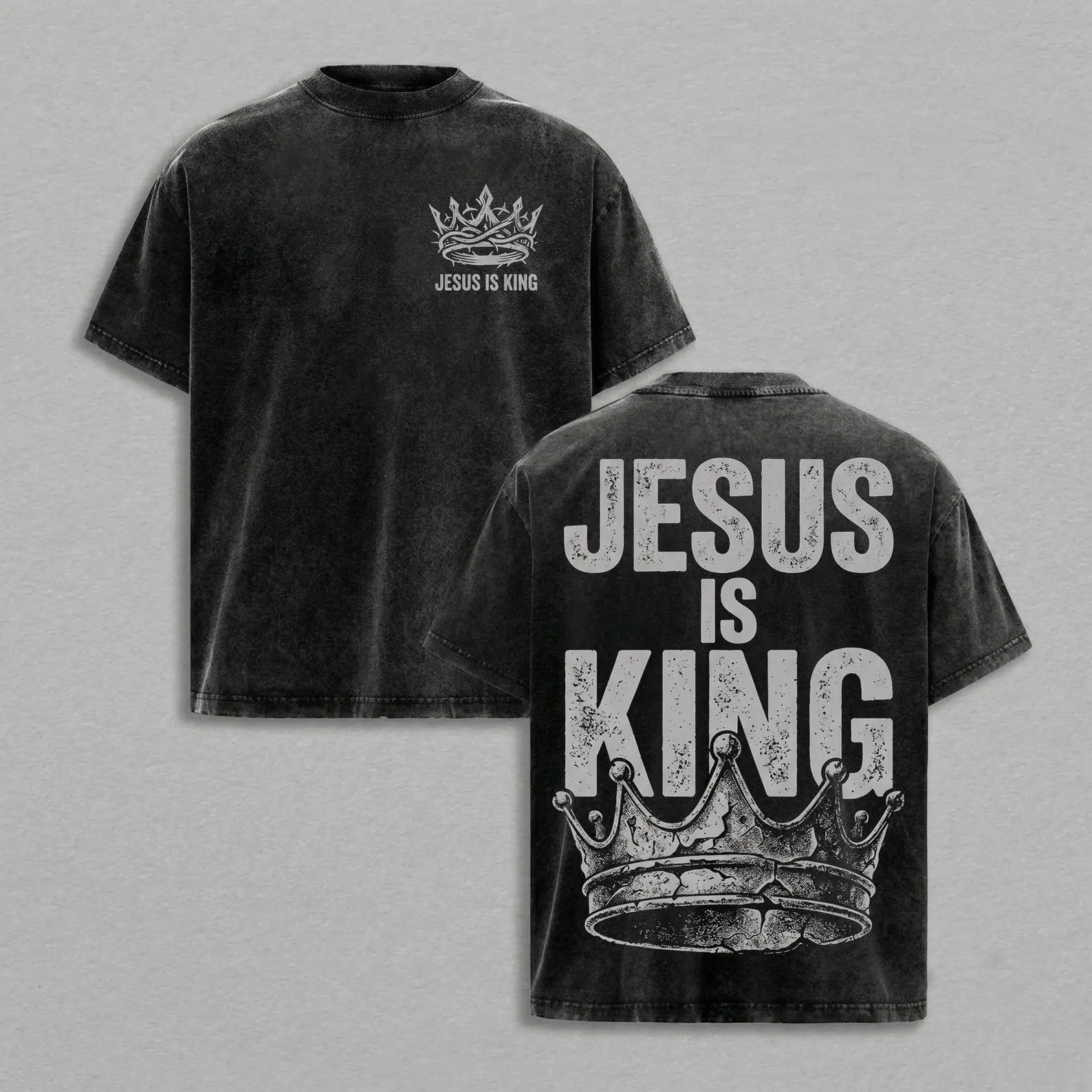 Men's Vintage T-Shirt with Faith-Based Crown Graphic, Distressed Short-Sleeve Crew Neck Streetwear, All-Season Religious Gift, Tshirt