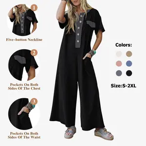 Fisoew Womens Casual Loose Jumpsuits Short Sleeve V-Neck Button Down One Piece Outfits Wide Leg Summer Long Pant Rompers with Pockets #Springtok #TikTokShopJumpstartSale
