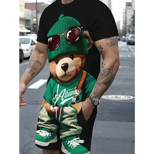 Polyester Knit Summer Collection Men's Fashion Casual Sports Outfit, Round Neck Graphic Tee with Matching Shorts, Stretch Fabric