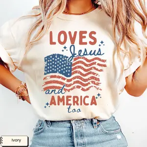 Loves Jesus And America Too Shirt, Patriotic Christian Flag Tee, 4th Of July Retro America Shirt
