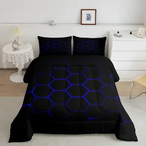 Cartoon Honeycomb Designer Comforter Set,Hexagon Luxury Bedding Set,Colorful Grid Art Neon Decor Comforter,Blue Black Breathable Quilt Set