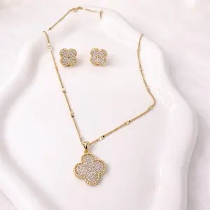 Elegant Gold Color Clover Pendant Necklace & Earrings Set with Sparkling Rhinestones for Women's Fashion Eli boutique jewelry