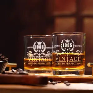 Limited Edition Vintage 1985 Whiskey Glass for Men - 1pc Engraved Design with Laurel Wreath & Stars - Dishwasher Safe, Reusable Clear Glassware - Perfect Birthday Gift for Him, 30th Milestone Celebration