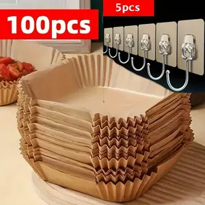 100pcs air fryer liner, non stick paper for baking, grilling, and microwave ovens - easy to clean, single-layer paper for healthier cooking - oil baking paper Free 5pcs/10pcs yellow hooks