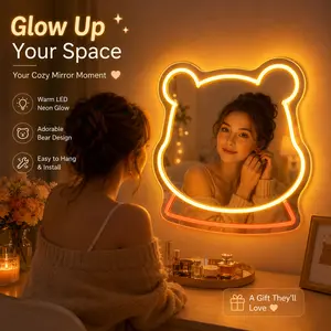 Winnie the Bear LED Neon Mirror – USB Powered, Dimmable Yellow & Orange Glow, Kids Room & Bedroom Decor, Cute Party Wall Light, Playroom LED Mirror, Birthday Gift, Fun Night Glow Accent