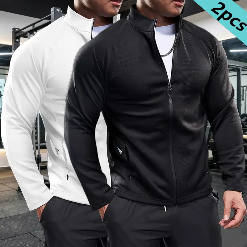 Men's 2-Pack Breathable Long-Sleeve Softshell Jackets, Full-Zip Quick-Dry Athletic Casual Solid Plain Outdoor Tops, Lightweight for Gym, Hiking, Stylish Sportswear