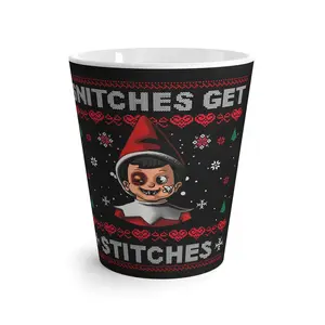 Christmas Latte Mug, Funny Snitches Get Stitches Holiday Coffee Cup, Xmas Gift Idea, Unique Kitchen Decor, Ceramic Tea Mug, Stocking Stuffer