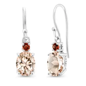 Gem Stone King 10K White Gold Gemstone Birthstone and Garnet Dangle Earrings For Women | Oval 8X6MM and Round 2.5MM | Elegant Drop Design with Classic French Wire Hooks | Fine Jewelry Earrings