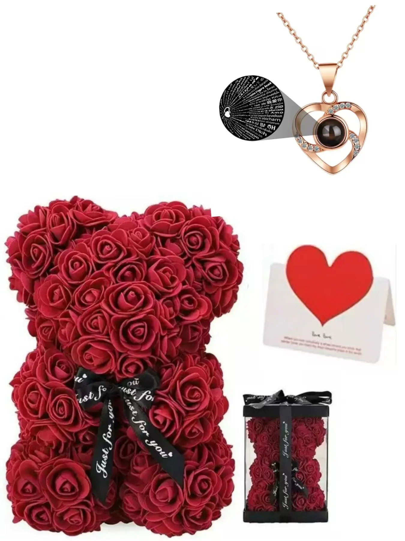 Handmade Rose Bear Projection Necklace Gift Set, Exquisite Jewelry Gift, 100 Languages Love Heart, Perfect for Valentine's Day, Mother's Day, Graduation, Christmas