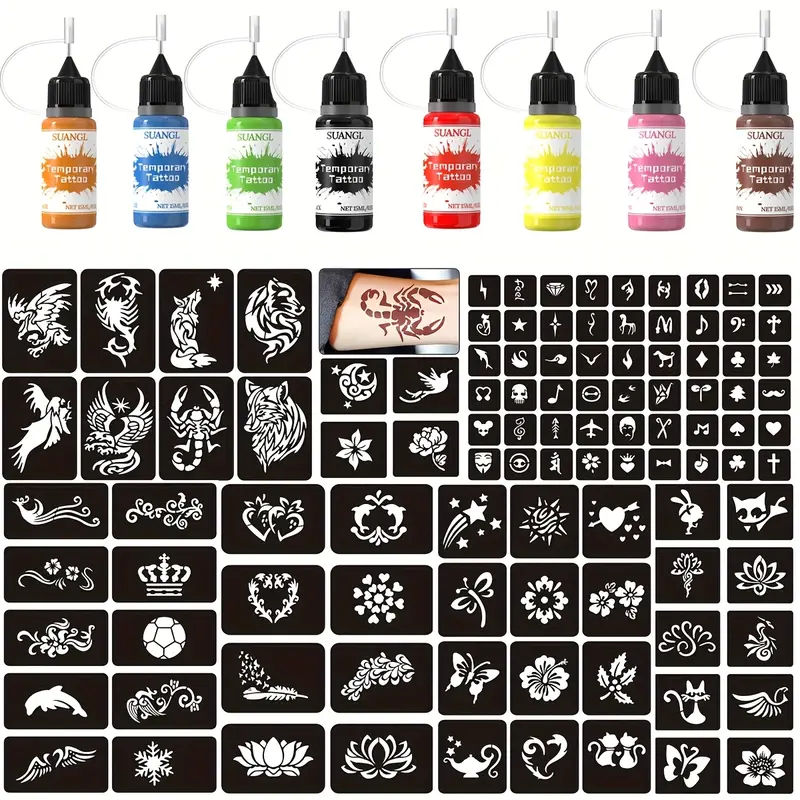 A must-have for parties and events, 8 bottles of mixed color temporary tattoo ink, easy-to-use body painting set  tattoos