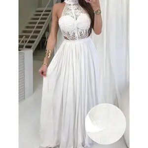 Elegant White Lace Halter Maxi Dress - Waist, Pleated, Sleeveless, Perfect Weddings & Formal Events Fit Womenswear Comfort Crew Neck  Spandex