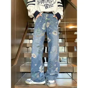 Denim-effect Print Pocket Button Straight Leg Pants, Street ?Fashion Elastic Waist Zipper Fly Trousers for Daily Wear, Unisex's Bottoms for All Seasons