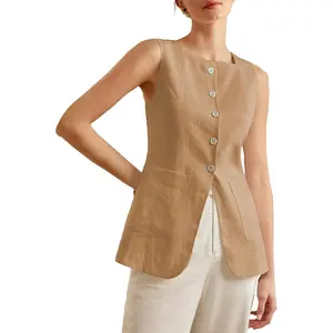 Mina Self 2026 Womens Summer Long Linen Vest Sleeveless Lightweight Fully-Lined Single Breasted Casual Work Tops Pockets