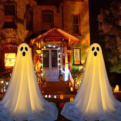Large Size Halloween 2-Piece Creepy Ghost Decor Set, Plastic Hanging Ornaments, Battery-Powered Cordless String Lights, Outdoor Halloween Decor for Front Porch Courtyard, Glow Party Supplies