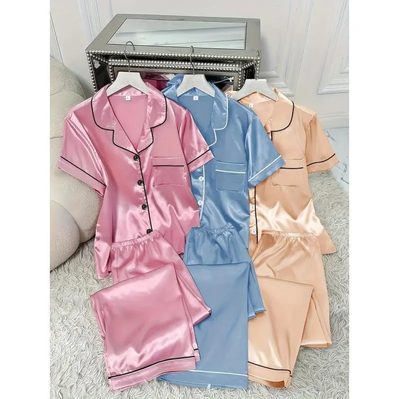 3 Sets Women's Solid Satin Casual Pajama Set, Short Sleeve Buttons Lapel Top & Pants, Comfortable Relaxed FitGift 3 Sets Women's Solid Satin Casual Pajama Set, Short Sleeve Buttons Lapel Top & Pants, Comfortable Relaxed FitGift