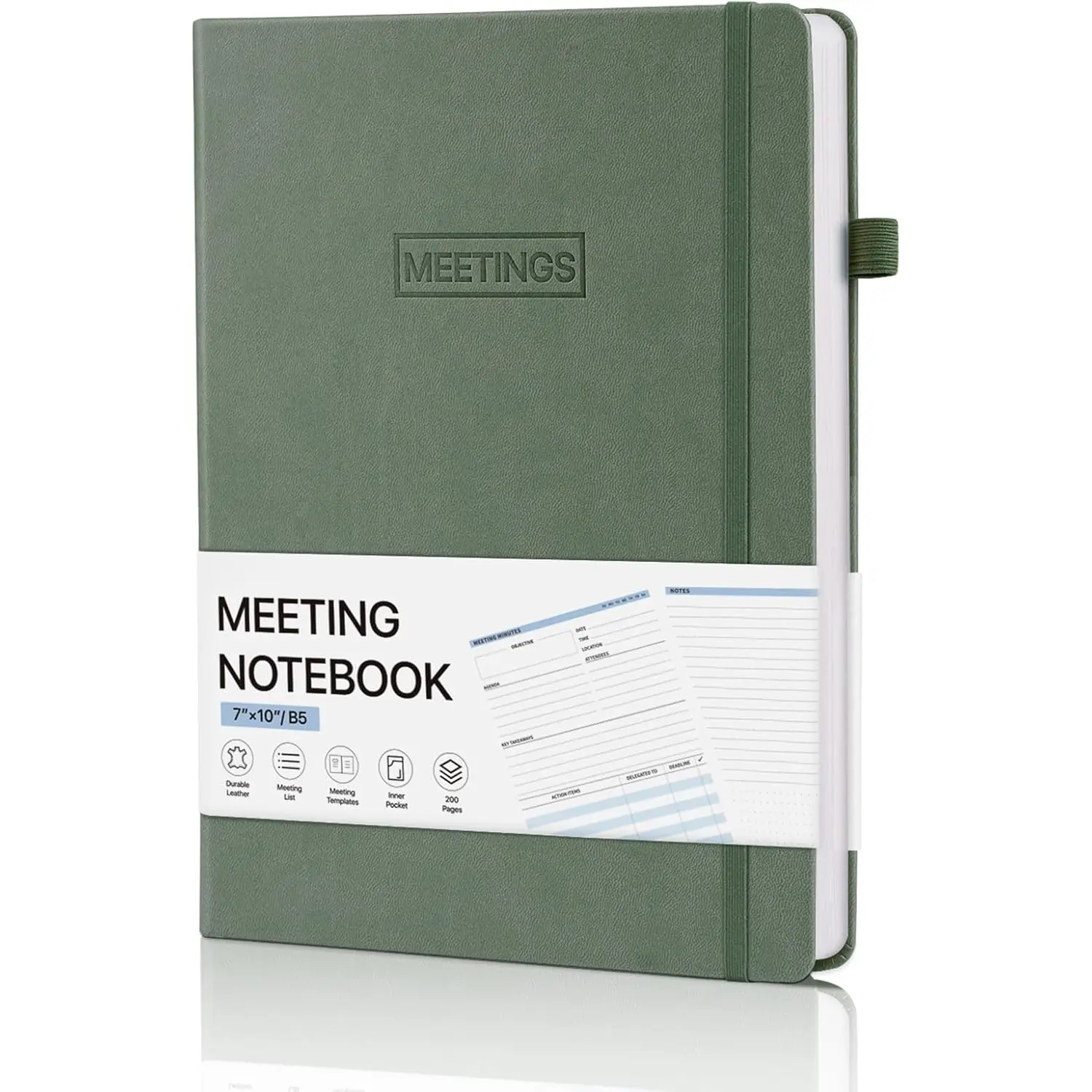 Olive Green 7.10-Inch Meeting Notebook for Work - Work Planner with Action Items, Calendar, Index Page, Inner Pocket for Meeting Efficiency & Agenda Tracking, Leather Cover