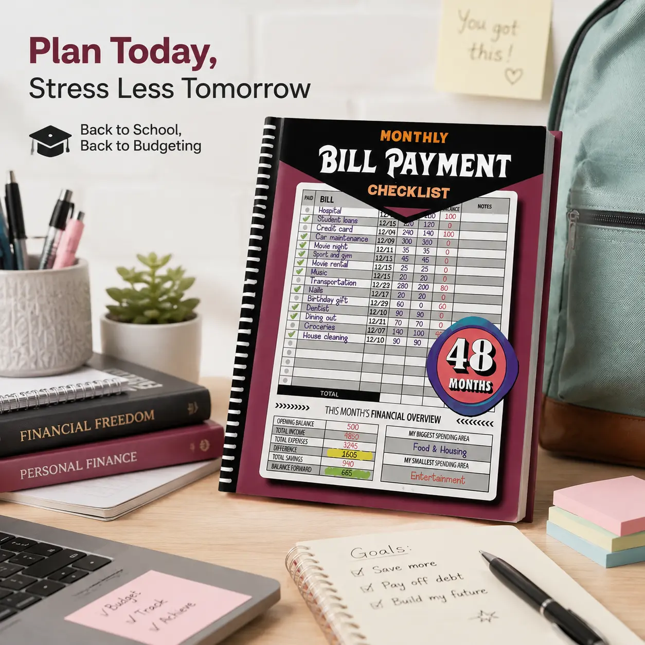 48-Month Budget Tracking Notebook - Monthly Financial Organizer with Bill Payment Checklist, Weekly Planner, Personal Finance Management Journal, Student Planner for College, Back to School Supplies, Office Stationery & Budgeting Essentials
