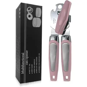 Can Opener Manual, Handheld  Heavy Duty Stainless Steel Can Opener, Comfortable Handle,   Smooth Edge, Can Openers with Multifunctional Bottle Opener, Pink