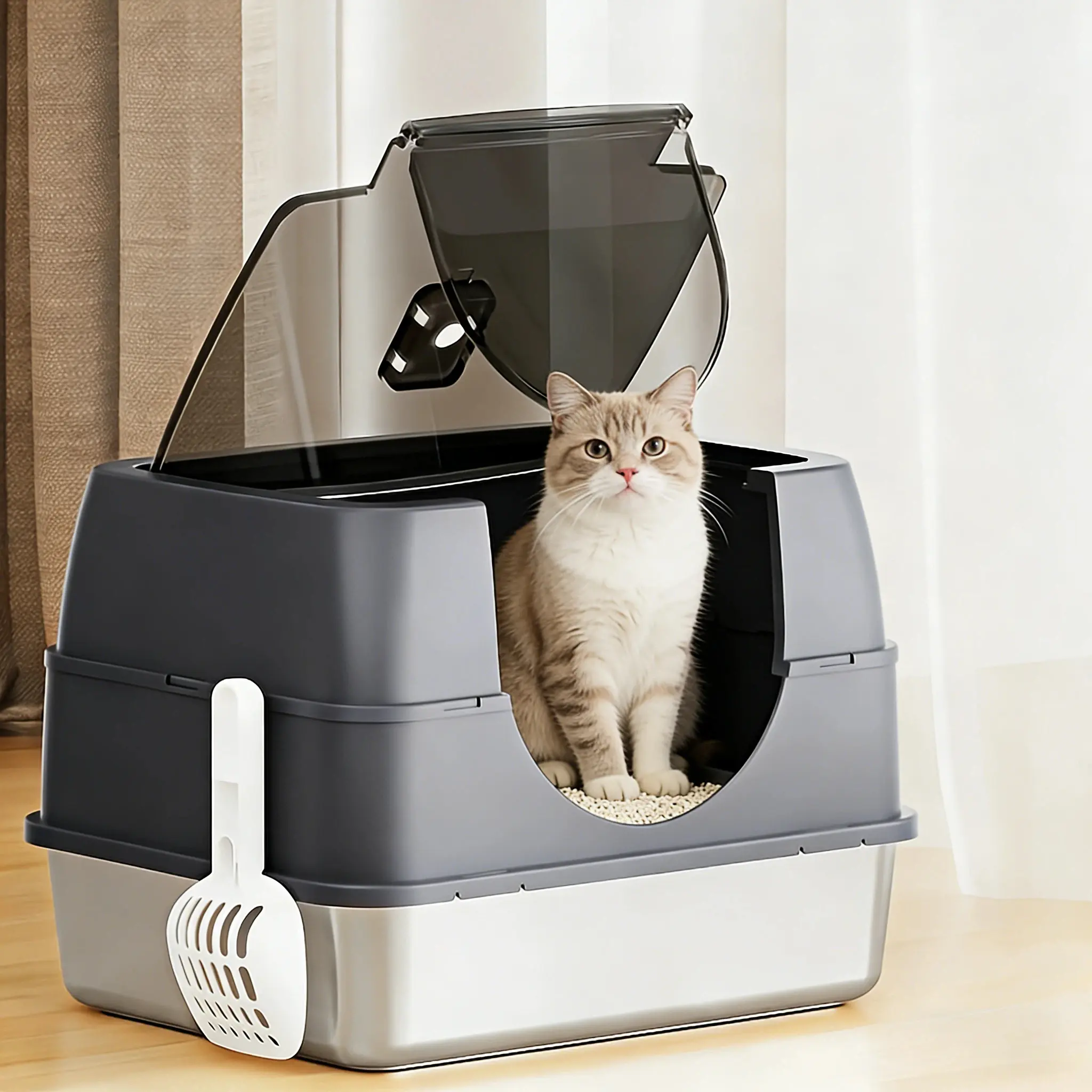 Premium Stainless Steel Cat Litter Box Enclosure, 19in x 13.78in x 13.78in 3-Part Modular Mini Cabinet, Odor-Proof Steel Deodorizer, Antibacterial Non-Stick Flip-Top Lid, Removable Door Entry, for Small/Medium Cats Up to 25lbs (Beige Base/Gray)