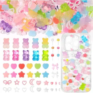 400 Pcs Candy Junk Case Charms Kit, Color Gummy Bear Lollipop Star Heart Charms for Junk Cases, Pink White Bow Moon Hearts Pearls Phone Case Charms, Assorted Slime Charms for DIY Crafts